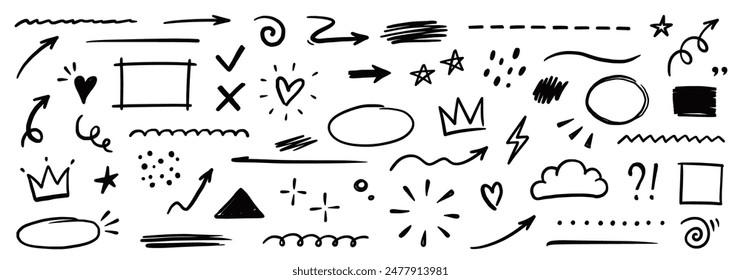 Line shape marker underline, arrow, heart brush element set. Hand drawn sketch marker underline shape, arrow, heart scribble brush pen stroke element. Crown, love graphic icon. Vector illustration