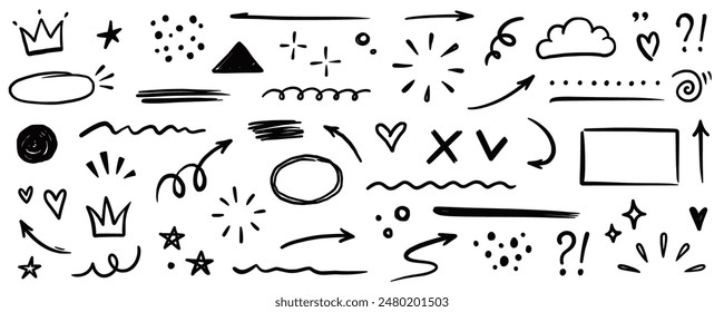 Line shape marker underline, arrow, heart brush element set. Hand drawn sketch marker underline shape, arrow, heart scribble brush pen stroke element. Crown, love graphic icon. Vector illustration