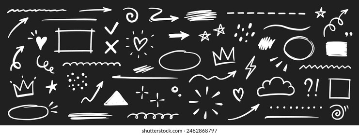 Line shape marker underline, arrow, heart brush element chalk set. Hand drawn sketch marker underline shape, arrow, heart scribble brush chalkboard. Crown, love graphic icon. Vector illustration