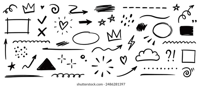 Line shape marker underline, arrow, heart brush element set. Hand drawn sketch marker underline shape, arrow, heart scribble brush pen stroke element. Crown, love graphic icon. Vector illustration