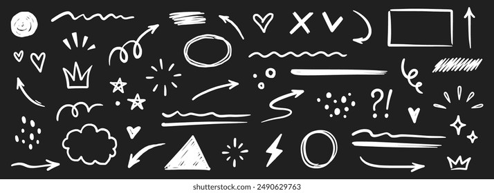 Line shape marker underline, arrow, heart brush element chalk set. Hand drawn sketch marker underline shape, arrow, heart scribble brush chalkboard. Crown, love graphic icon. Vector illustration