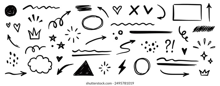 Line shape marker underline, arrow, heart brush element set. Hand drawn sketch marker underline shape, arrow, heart scribble brush pen stroke element. Crown, love graphic icon. Vector illustration