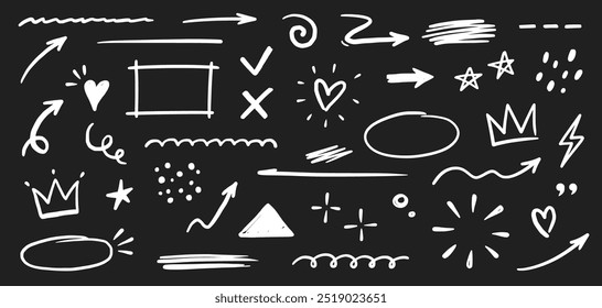Line shape marker underline, arrow, heart brush element chalk set. Hand drawn sketch marker underline shape, arrow, heart scribble brush chalkboard. Crown, love graphic icon. Vector illustration