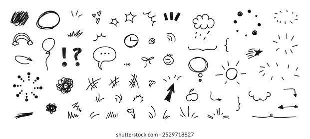 Line shape marker underline, arrow, heart brush element set. Hand drawn sketch marker underline shape, arrow, heart scribble brush pen stroke element. graphic icons. Childish naive vector illustration