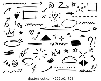 Line shape marker underline, arrow, heart brush element set. Hand drawn sketch marker underline shape, arrow, heart scribble brush pen stroke element. Crown, love graphic icon.