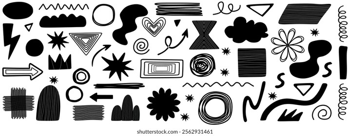 Line shape marker underline, arrow, heart brush element set. Hand drawn sketch marker underline shape, arrow, heart scribble brush pen stroke element. Crown, love graphic icon. Vector illustration