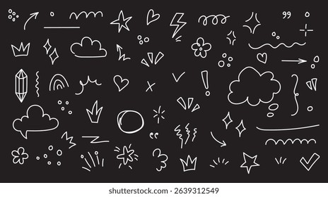 Line shape marker underline, arrow, heart brush element set. Hand drawn sketch marker underline shape, arrow, heart scribble brush pen stroke element. Crown, love graphic icon. Vector illustration