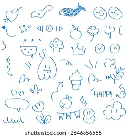 Line shape marker underline, arrow, heart brush element set. Hand drawn sketch marker underline shape, arrow, heart scribble brush pen stroke element. Crown, love graphic icon. Vector illustration