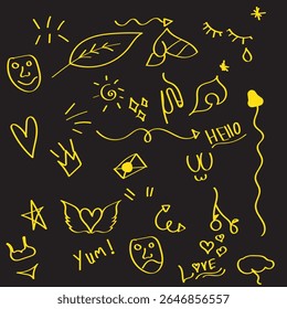 Line shape marker underline, arrow, heart brush element set. Hand drawn sketch marker underline shape, arrow, heart scribble brush pen stroke element. Crown, love graphic icon. Vector illustration