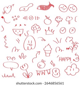 Line shape marker underline, arrow, heart brush element set. Hand drawn sketch marker underline shape, arrow, heart scribble brush pen stroke element. Crown, love graphic icon. Vector illustration