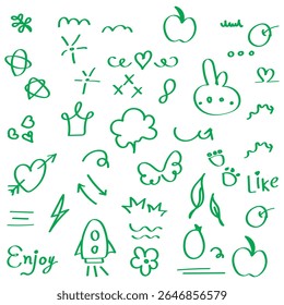Line shape marker underline, arrow, heart brush element set. Hand drawn sketch marker underline shape, arrow, heart scribble brush pen stroke element. Crown, love graphic icon. Vector illustration