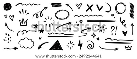 Line shape marker underline, arrow, heart brush element set. Hand drawn sketch marker underline shape, arrow, heart scribble brush pen stroke element. Crown, love graphic icon. Vector illustration