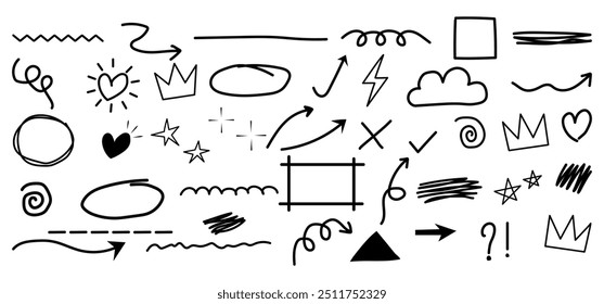 Line shape marker underline. brush pen stroke arrow, heart, arrow, heart brush element set. Crown, love graphic icon. stock vector.