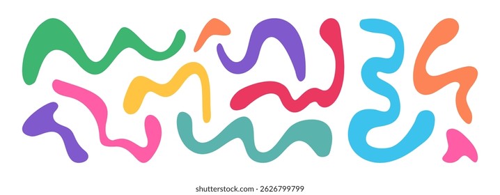 Line shape organic, funky abstract wavy, liquid blob, curve doodle element, irregular scribble, paint fluid form, groovy kid bubble isolated on white background. Fun stripes drawn. Vector illustration