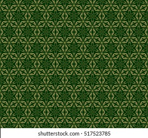 line and shape. seamless flower pattern. vector illustration. gold on green. for design invitation, textile, wallpaper.