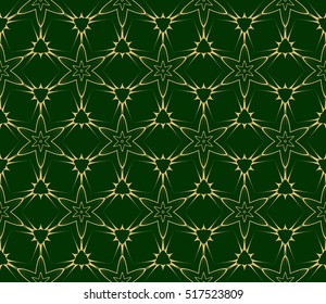 line and shape. seamless flower pattern. vector illustration. gold on green. for design invitation, textile, wallpaper.