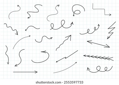 Line shape underline, arrow, heart brush element set. Hand drawn sketch marker underline shape, arrow, heart scribble brush pen stroke element. Crown, love graphic icon. Vector illustration