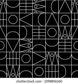 Line shapes seamless vector geometric pattern. Thin line mesh on black background.