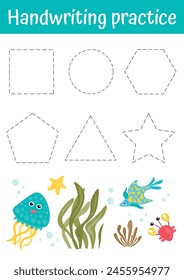 Line and shapes tracing, handwriting educational worksheet, cute learning page for kids. Cute shapes set for preschoolers. Shapes tracing, learning for homeschooling, kindergarten. Educational games.