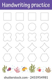 Line and shapes tracing, handwriting educational worksheet, cute learning page for kids. Cute shapes set for preschoolers. Shapes tracing, learning for homeschooling, kindergarten. Educational games.