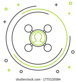Icono de recurso compartido de línea aislado en fondo blanco. Compartir, pictograma de comunicación, medios sociales, conexión, red, distribuir. Concepto de esquema colorido. Vector