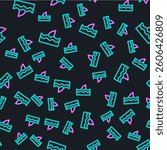 Line Shark fin in ocean wave icon isolated seamless pattern on black background.  Vector