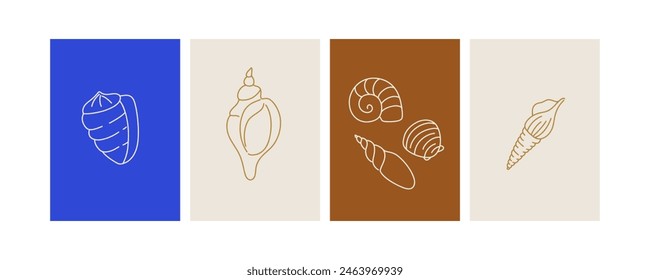 Line shell set. Outline marine icons, emblem logo or badge design. Minimal style illustration. Sea ocean summer vacation, beach clam and mollusk. Vector isolated decorative minimalistic illustration