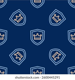 Line Shield with crown icon isolated seamless pattern on blue background.  Vector