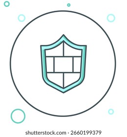 Escudo de línea con el icono de la pared del ladrillo de la seguridad cibernética aislado en fondo blanco. Símbolo de protección de datos. Firewall. Protección de red. Concepto de contorno colorido. Vector