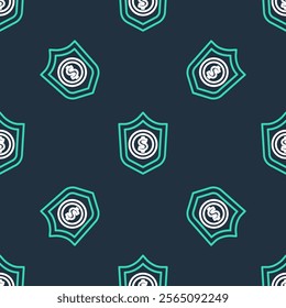 Line Shield with dollar symbol icon isolated seamless pattern on black background. Security shield protection. Money security concept.  Vector