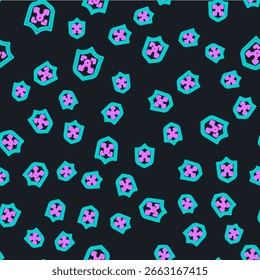 Line Shield face recognition icon isolated seamless pattern on black background. Face identification scanner icon. Facial id. Cyber security concept.  Vector