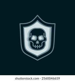 Line Shield with pirate skull icon isolated on black background. Flat filled outline style with shadow. Vector