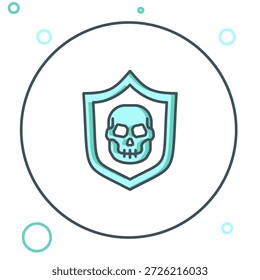 Escudo de línea con el icono del cráneo pirata aislado en el fondo blanco. Concepto de contorno colorido. Vector