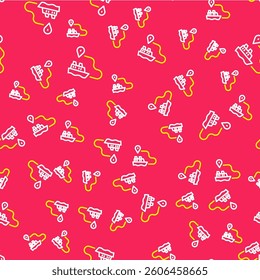 Line Ship line path of ship sea route with start point GPS and black line icon isolated seamless pattern on red background.  Vector