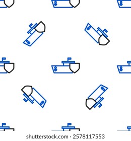 Line Ship with shield icon isolated seamless pattern on white background. Insurance concept. Security, safety, protection, protect concept. Colorful outline concept. Vector