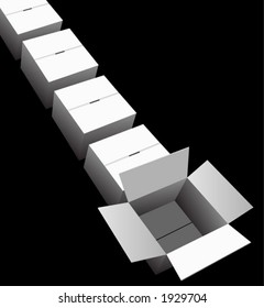 A line of shipping or storage boxes/cartons, one is ready to contain your product image or text. On black.