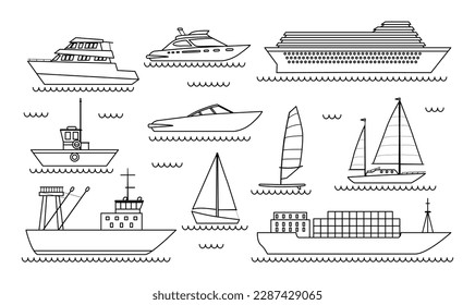 Line ships in sea. Transportation of goods and logistics, sea travel. Boat and vessel. Minimalist creativity and art. Shipping and inport or export of containers. Cartoon flat vector illustration