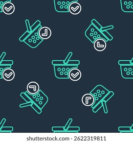 Line Shopping basket with check mark icon isolated seamless pattern on black background. Supermarket basket with approved, confirm, tick, completed symbol.  Vector