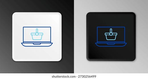 Línea Cesta de la compra en el icono del ordenador portátil de la pantalla aislado en fondo gris. Concepto de comercio electrónico, comercio electrónico, marketing de negocios en línea. Concepto de contorno colorido. Vector