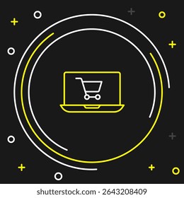 Line Shopping cart on screen laptop icon isolated on black background. Concept e-commerce, e-business, online business marketing. Colorful outline concept. Vector