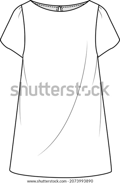 a line short sleeve shift dress flat sketch\
vector illustration