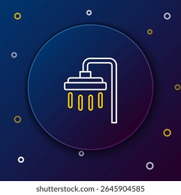 Line Shower head with water drops flowing icon isolated on blue background. Colorful outline concept. Vector