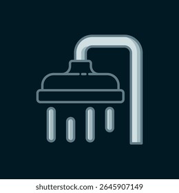 Línea Cabezal de ducha con gotas de agua que fluyen icono aislado sobre fondo negro. Estilo de contorno relleno plano con sombra. Vector