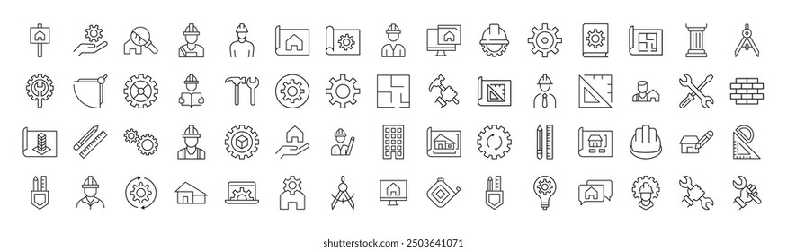 Line Signs of builder, engineer, repair and renovation for Advertisement. Suitable for books, stores, shops. Editable stroke in minimalistic outline style. Symbol for design 