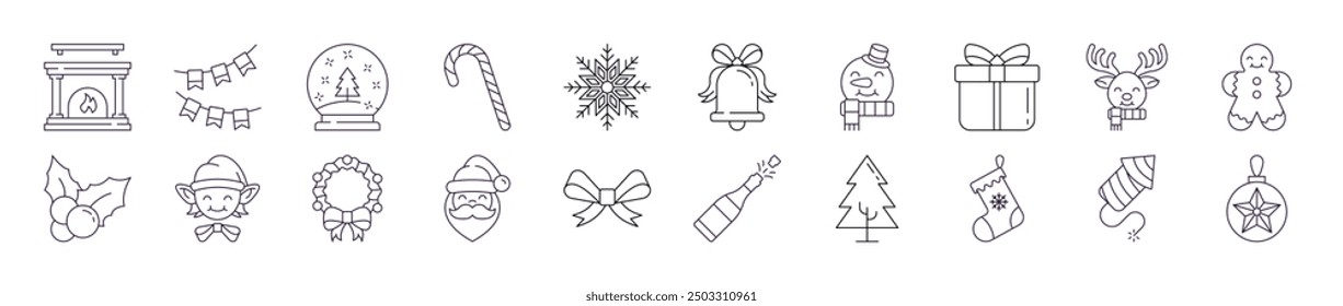 Line Signs of Christmas and New Year for Adverts. Suitable for books, stores, shops. Editable stroke in minimalistic outline style. Symbol for design 