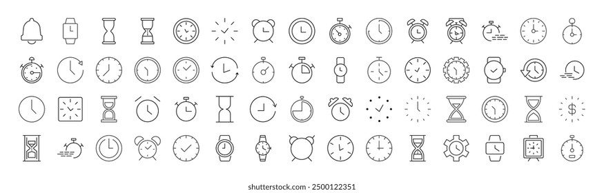 Linie Zeichen der Uhr, Wecker, Sanduhr für Werbung. Geeignet für Bücher, Läden, Geschäfte. Bearbeitbarer Strich im minimalistischen Umrissstil. Symbol für Design