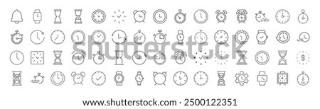 Line Signs of clock, alarm clock, hourglass for Advertisement. Suitable for books, stores, shops. Editable stroke in minimalistic outline style. Symbol for design