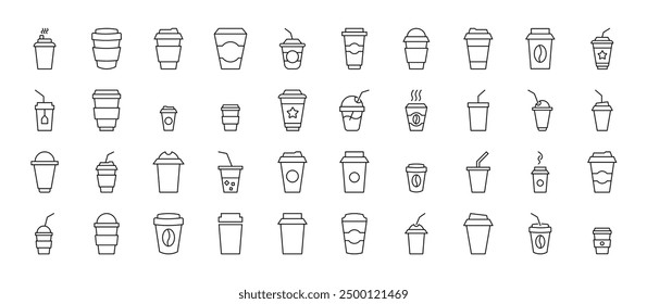 Line Signs of coffee, tea or other drinks in disposable cups for Advertisement. Suitable for books, stores, shops. Editable stroke in minimalistic outline style. Symbol for design