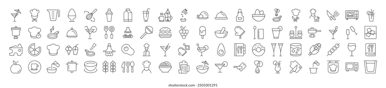 Line Signs of cooking, food, drinks, kitchen for Advertisement. Suitable for books, stores, shops. Editable stroke in minimalistic outline style. Symbol for design