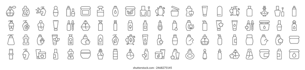 Line Signs of perfume, shower gel, shampoo, cream for Advertisement. Suitable for books, stores, shops. Editable stroke in minimalistic outline style. Symbol for design 